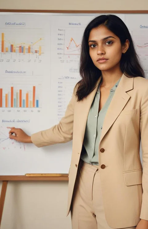 Exam coach explaining performance charts on a classroom board