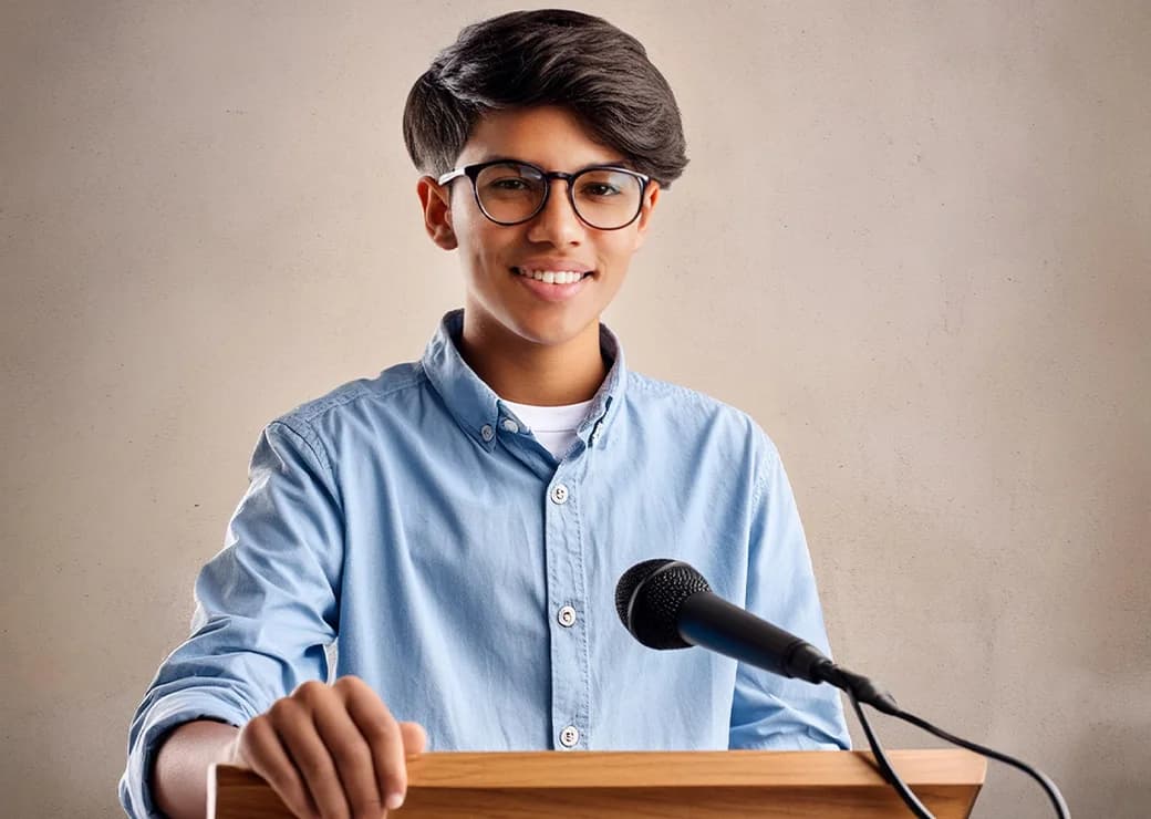 Student speaking at a podium with a microphone