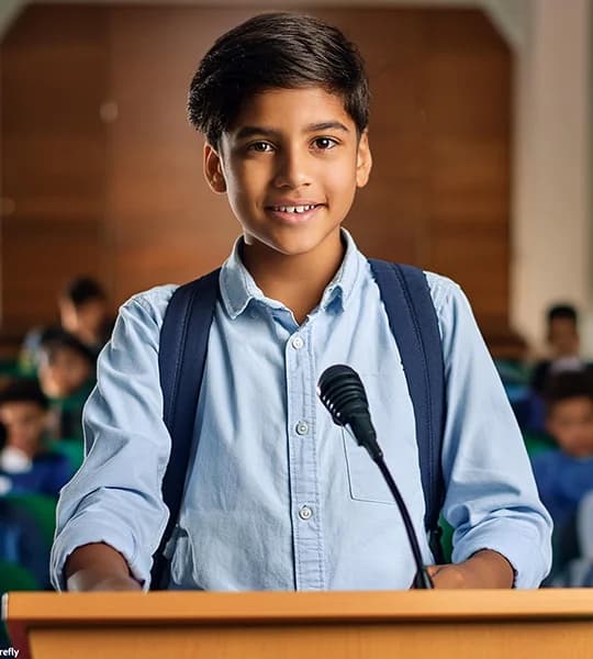 Student speaking into a microphone